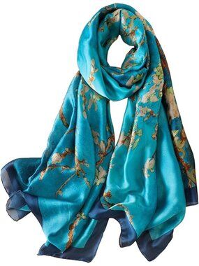 Women's Blue Lightweight Silk Like Scarves Flower Print Head Cotton Wrap Scarf
